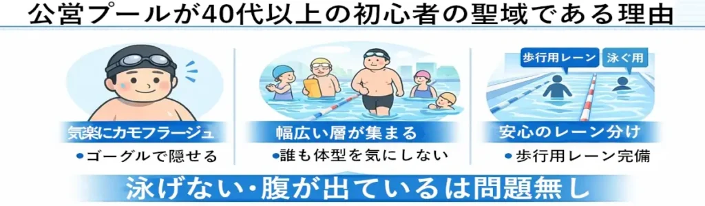 泳げなくても体型が気になっても大丈夫と、公営プールの安心感（匿名性・多様性・レーン分け）を示すバナー。