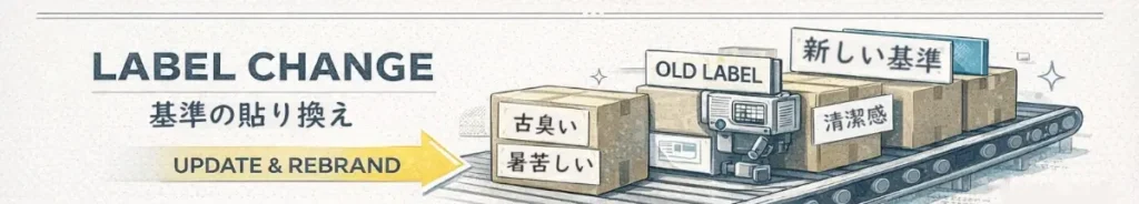 ベルトコンベアで箱が流れ、ラベル貼り機が「古臭い／暑苦しい」の箱を「新しい基準」へ貼り替えて出荷する図解イメージ。