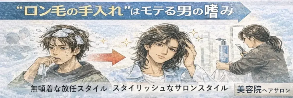 手入れしていない長髪から、手入れされた艶のあるロン毛へ変化する流れを示す図解。タオルドライや整髪料などのケア工程と、サロンで整える場面が並ぶ。