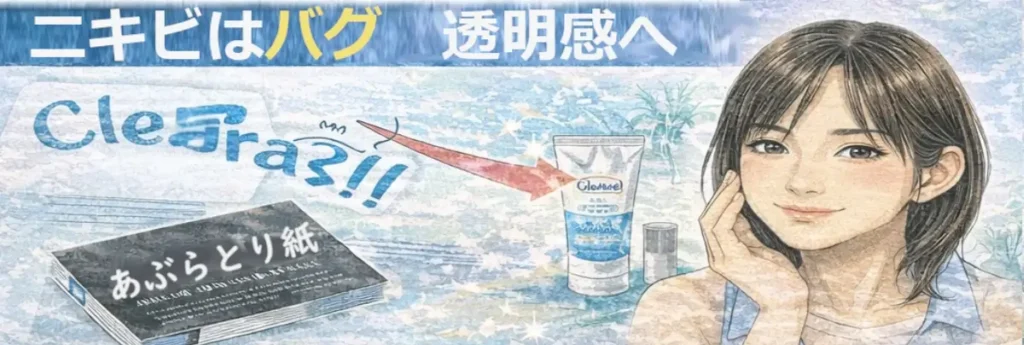 「ニキビはバグ」「透明感へ！」というコピーとともに、黒いあぶらとり紙とスキンケア用品のアイコン、透明感のある肌を象徴する人物イラストが並ぶ90年代風の図解パネル。