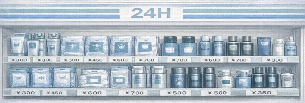 24時間営業のコンビニ棚に、洗顔・ボディシート・整髪・制汗など身だしなみ用品が整然と並び、価格タグが付いた図解パネル。