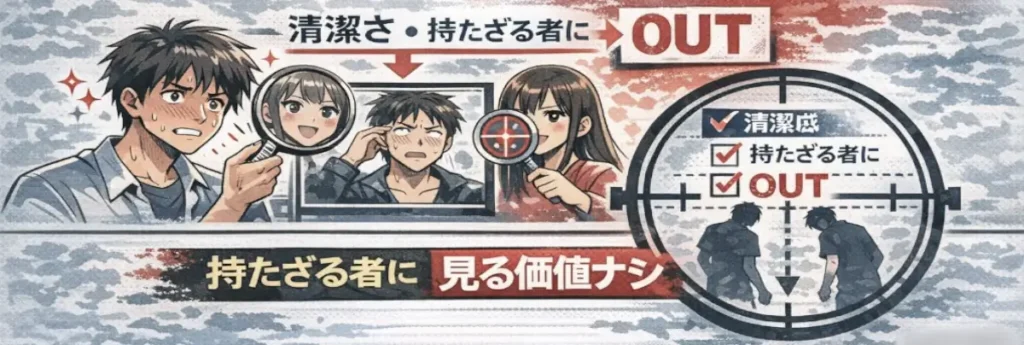 男性の見た目が拡大鏡や照準でチェックされ、「清潔感」を満たさないと「OUT」と判定される様子を描いた2段構成の図解イラスト。