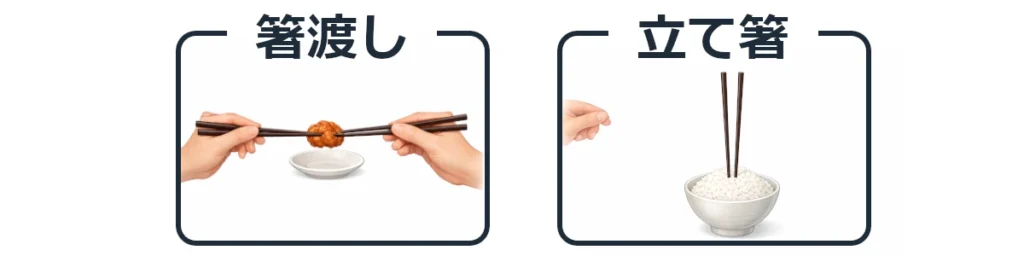 『箸渡し』『立て箸』の比較画像。左は2人が箸から箸へ食べ物を渡している。右はご飯茶碗に箸が垂直に突き立てられている。
