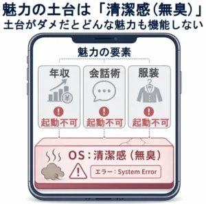 スマートフォンのレイヤー構造図。土台のOSに「清潔感(無臭)」と表示され、ニオイによるエラーで「年収」「会話術」「ファッション」の各アプリが起動不可になっている。