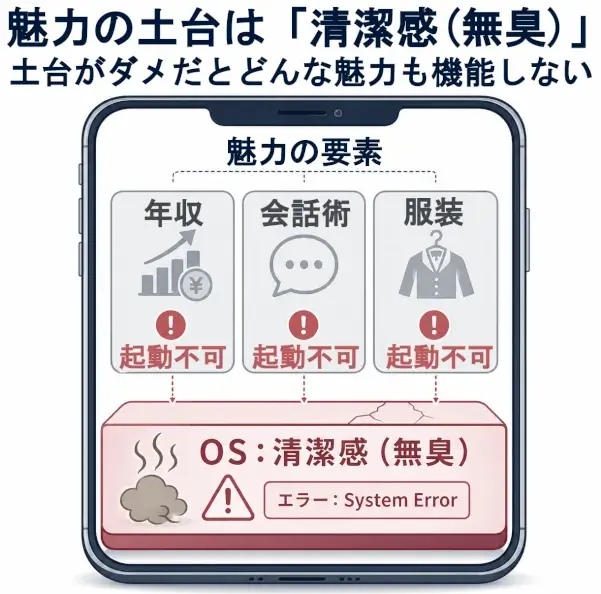 スマートフォンのレイヤー構造図。土台のOSに「清潔感(無臭)」と表示され、ニオイによるエラーで「年収」「会話術」「ファッション」の各アプリが起動不可になっている。