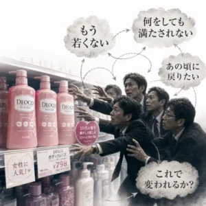 ドラッグストアの棚に並ぶピンクのDEOCO風ボディソープへ、複数の中年ビジネスマンが必死に手を伸ばしている。周囲には「もう若くない」「あの頃に戻りたい」などの迷走を表す言葉と矢印が描かれている。