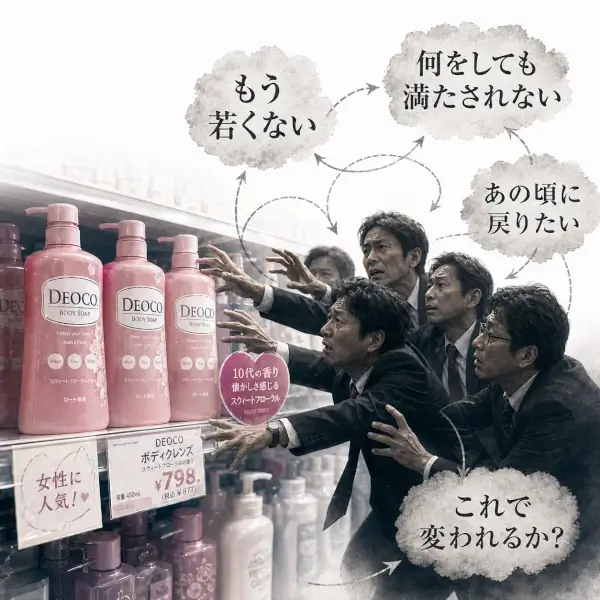 ドラッグストアの棚に並ぶピンクのDEOCO風ボディソープへ、複数の中年ビジネスマンが必死に手を伸ばしている。周囲には「もう若くない」「あの頃に戻りたい」などの迷走を表す言葉と矢印が描かれている。