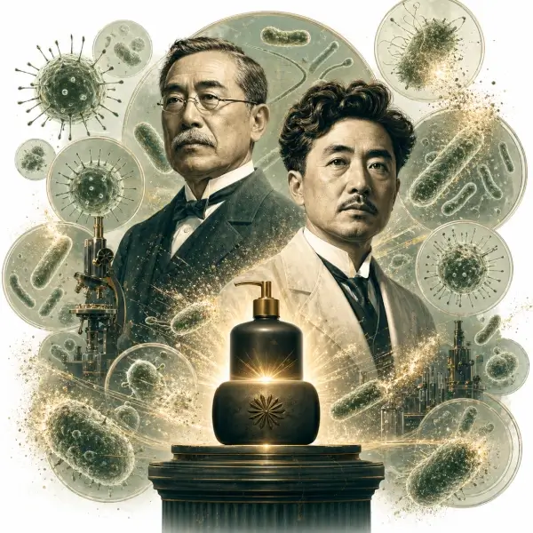 北里柴三郎と野口英世を思わせる2人の科学者の肖像が、顕微鏡で見た菌のパターンと黄金の光に包まれている。手前には黒い石鹸ボトルが台座の上に置かれ、菌が浄化されていく様子が描かれている。