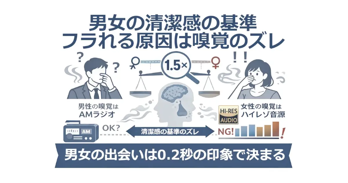 「男女の清潔感の基準／フラれる原因は嗅覚のズレ」と大見出し。中央に“1.5×”の虫眼鏡と天秤、脳のシルエット。左に男性のイラストと「男性の嗅覚はAMラジオ」「OK?」右に女性のイラストと「女性の嗅覚はハイレゾ音源」「NG!」。下部帯に「男女の出会いは0.2秒の印象で決まる」。