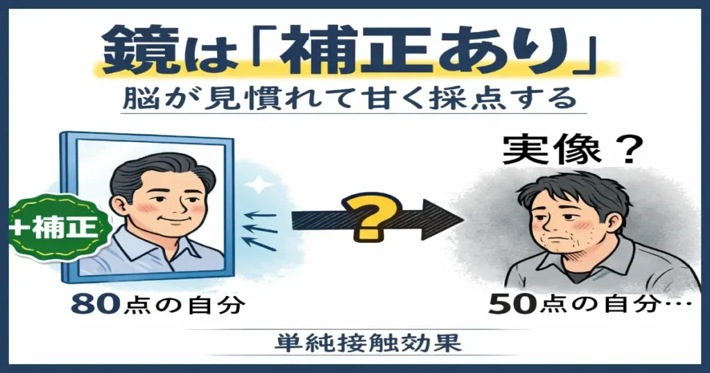 鏡は脳の見慣れ補正で甘く見えることを示す図(鏡+補正、実像?、単純接触効果)