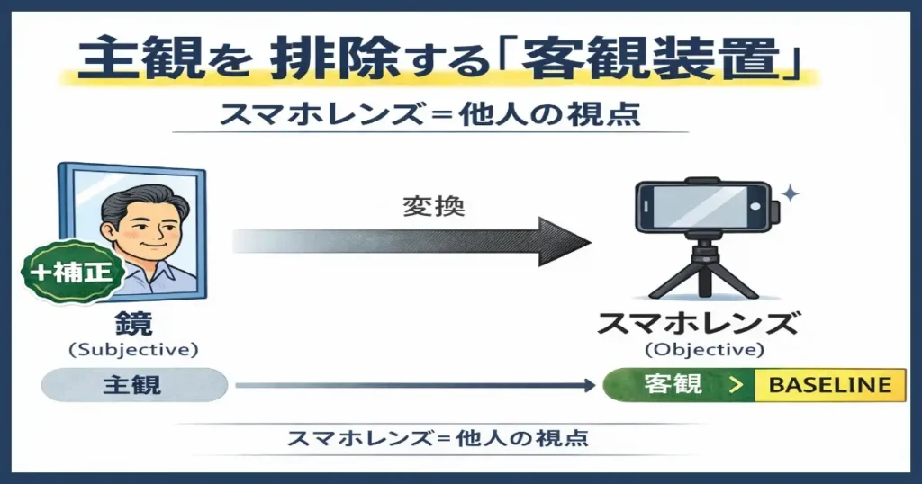 鏡(主観)からスマホレンズ(客観)へ切り替え、ベースライン計測に進む流れを示す図