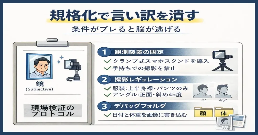 現場検証を規格化する3項目チェックリスト(装置固定、撮影条件、デバッグフォルダ)