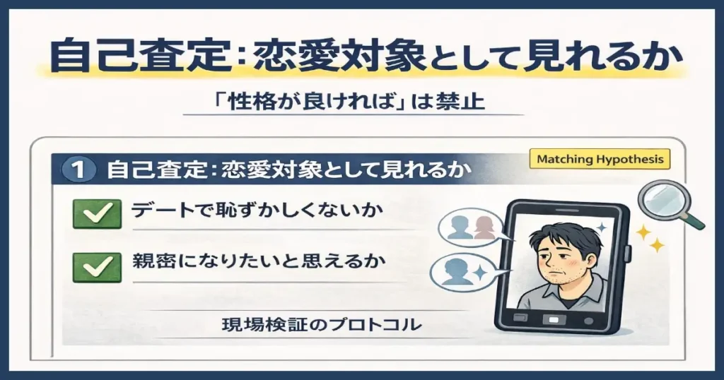 自己査定の2つの質問をチェックする図(デートで恥ずかしくないか、親密になりたいか、Matching Hypothesis)