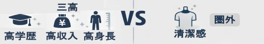 三高（高学歴・高収入・高身長）と「清潔感は圏外」をVS構図で示した、横長のスタイリッシュなインフォグラフィック。
