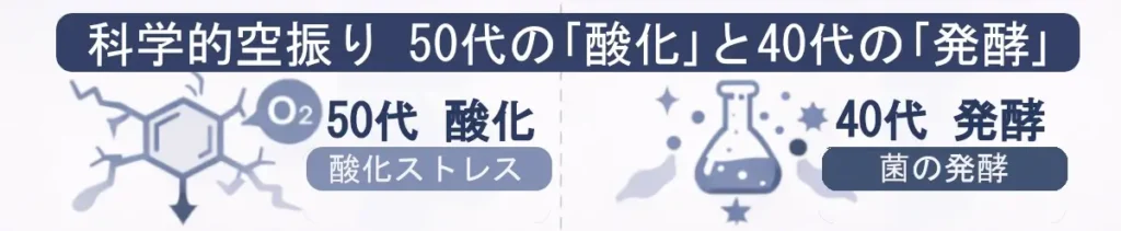 50代は「酸化」、40代は「発酵」を対比した横長インフォグラフィック。左にO₂と分子アイコン（酸化ストレス）、右に発泡するフラスコ（菌の発酵）の図解。