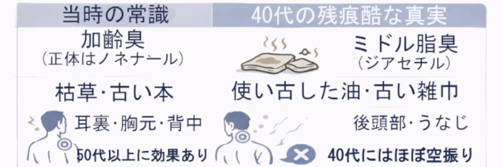 加齢臭対策が40代に効かなかった理由を、項目別に「当時の常識」と「40代の残酷な現実」で対比した横長の比較表インフォグラフィック。