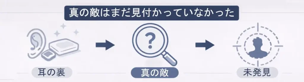 耳の裏（洗浄）→「真の敵？」（虫眼鏡）→未発見（ターゲット）の順で、当時の対策が核心を外していたことを示す横長インフォグラフィック。