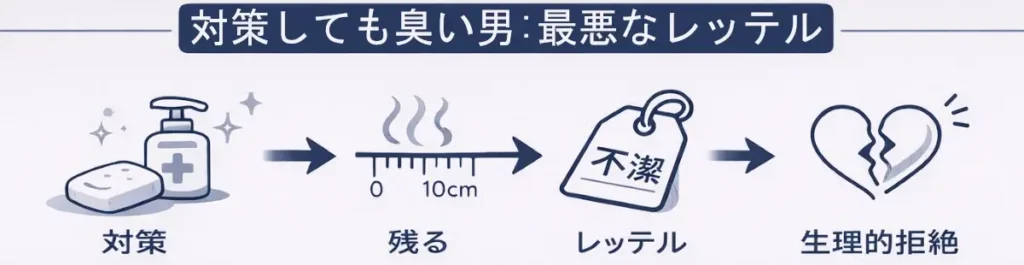 対策（石鹸・消毒アイコン）→ニオイが残る→「不潔」レッテル→生理的拒絶（割れたハート）の流れを矢印で示した横長インフォグラフィック。