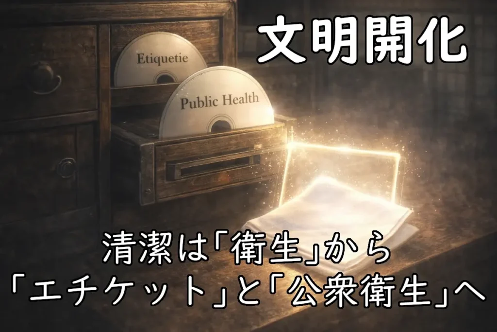 木製の引き出し型ドライブに「Etiquette」「Public Health」のディスクが挿さり、横で白いハンカチが発光するイメージ。