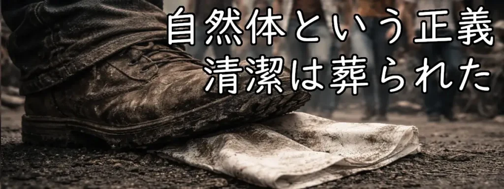 泥だらけのブーツが汚れた白いハンカチを踏みつけ、背後に長髪の若者たちが立つ。清潔の象徴が葬られるイメージ。