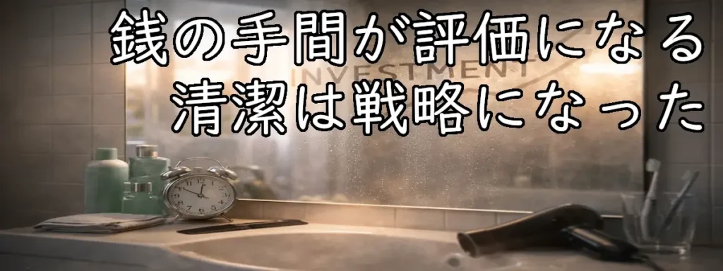 朝の洗面台と曇った鏡に「INVESTMENT」と上向き矢印が描かれ、時計や整髪アイテムが置かれた様子。身だしなみを“投資”として示すイメージ。