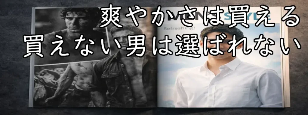 開いた雑誌の見開きで、左ページは汗と泥にまみれた男たちのモノクロ写真、右ページは白シャツの爽やかな男性。男らしさの基準が変わる瞬間を表す。