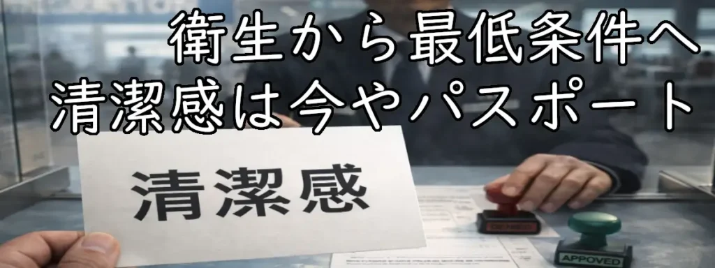 入国審査カウンターで「清潔感」と書かれたカードを提示し、係員がAPPROVED／DENIEDのスタンプで判定しようとしている場面。