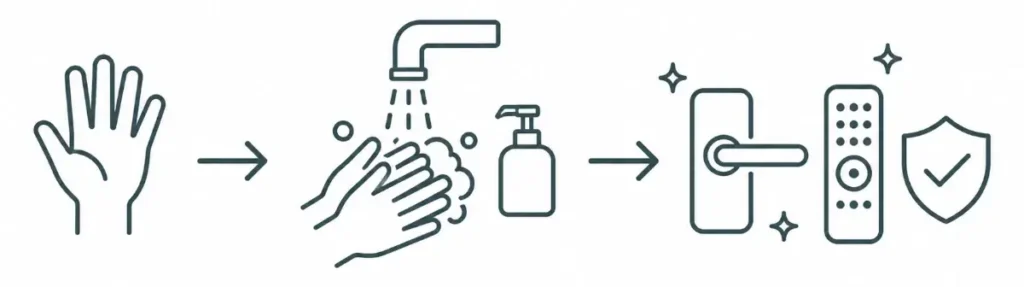 手洗いでドアノブやリモコンへの臭い移りを防ぐ図
