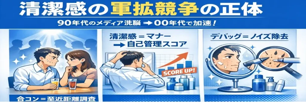 清潔感が「マナー」から「自己管理スコア」へ変化し、ノイズ除去=デバッグとして加速したことを3分割で示す図解バナー。