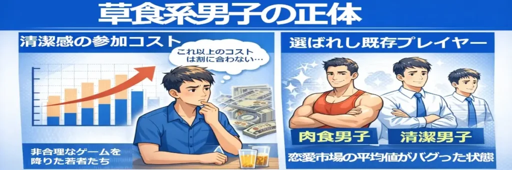 清潔感の参加コスト上昇をグラフと札束で示し、合理的に恋愛ゲームを降りた男性像と「残存プレイヤー」を描いた図解。