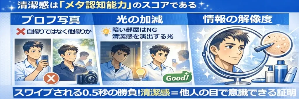 プロフィール写真・光の加減・情報の解像度を「NG/OK」比較で示し、清潔感=客観視力(メタ認知)として説明するバナー。