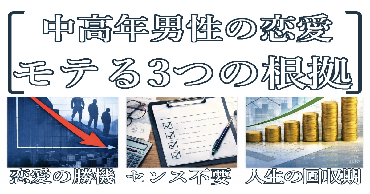 中高年の恋愛戦略を示す3分割ビジュアル。左は競合減少の下向きグラフ、中は3ヶ月計画のチェックリスト、右は積み上がる成果の上昇グラフ。