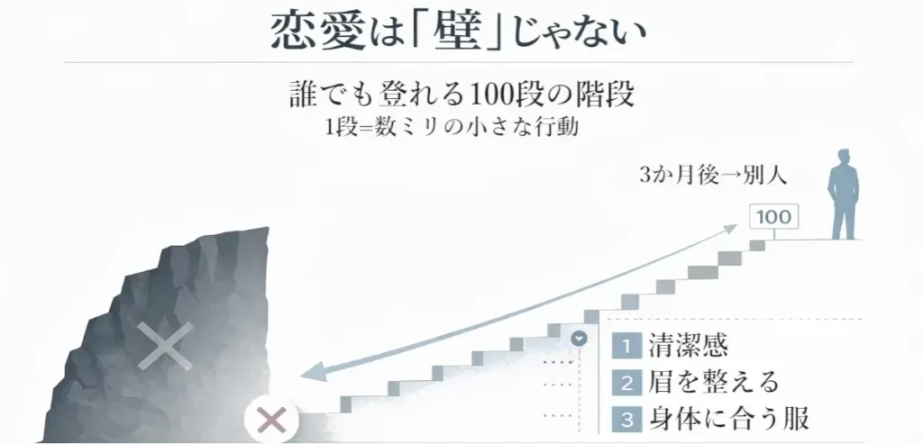 恋愛は壁ではなく100段の階段で、1段ずつ積み上げれば登れることを示す図