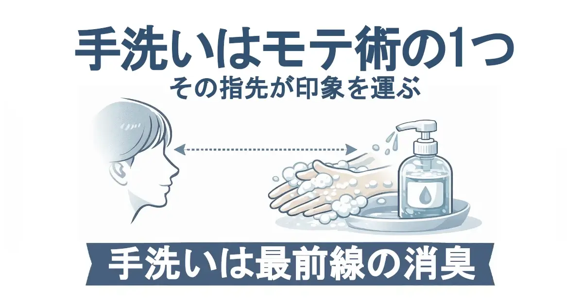 「手洗いはモテ術の1つ／その指先が印象を運ぶ」という見出し。左に女性の横顔、右に泡立てて洗っている手とハンドソープのボトル。両者の間に距離を示す点線矢印。下部の帯に「手洗いは最前線の消臭」。