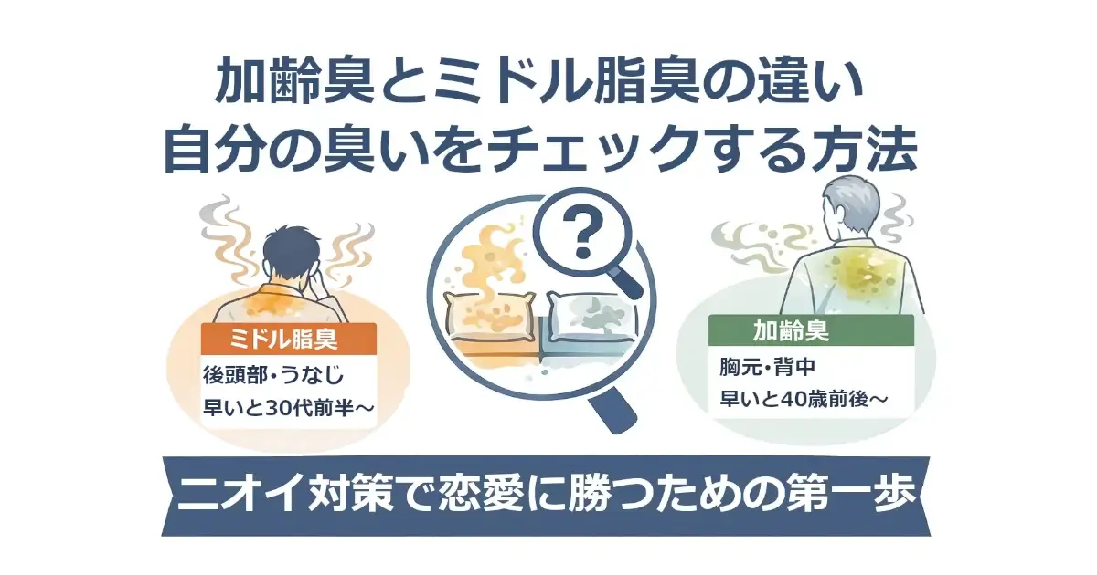 「加齢臭とミドル脂臭の違い／自分の臭いをチェックする方法」という見出し。中央に「？」入りの虫眼鏡と2つの枕の図。左に“ミドル脂臭（後頭部・うなじ／早いと30代後半〜）”の男性背面イラスト、右に“加齢臭（胸元・背中／早いと40歳前後〜）”の男性背面イラスト。下部帯に「ニオイ対策で恋愛に勝つための第一歩」。