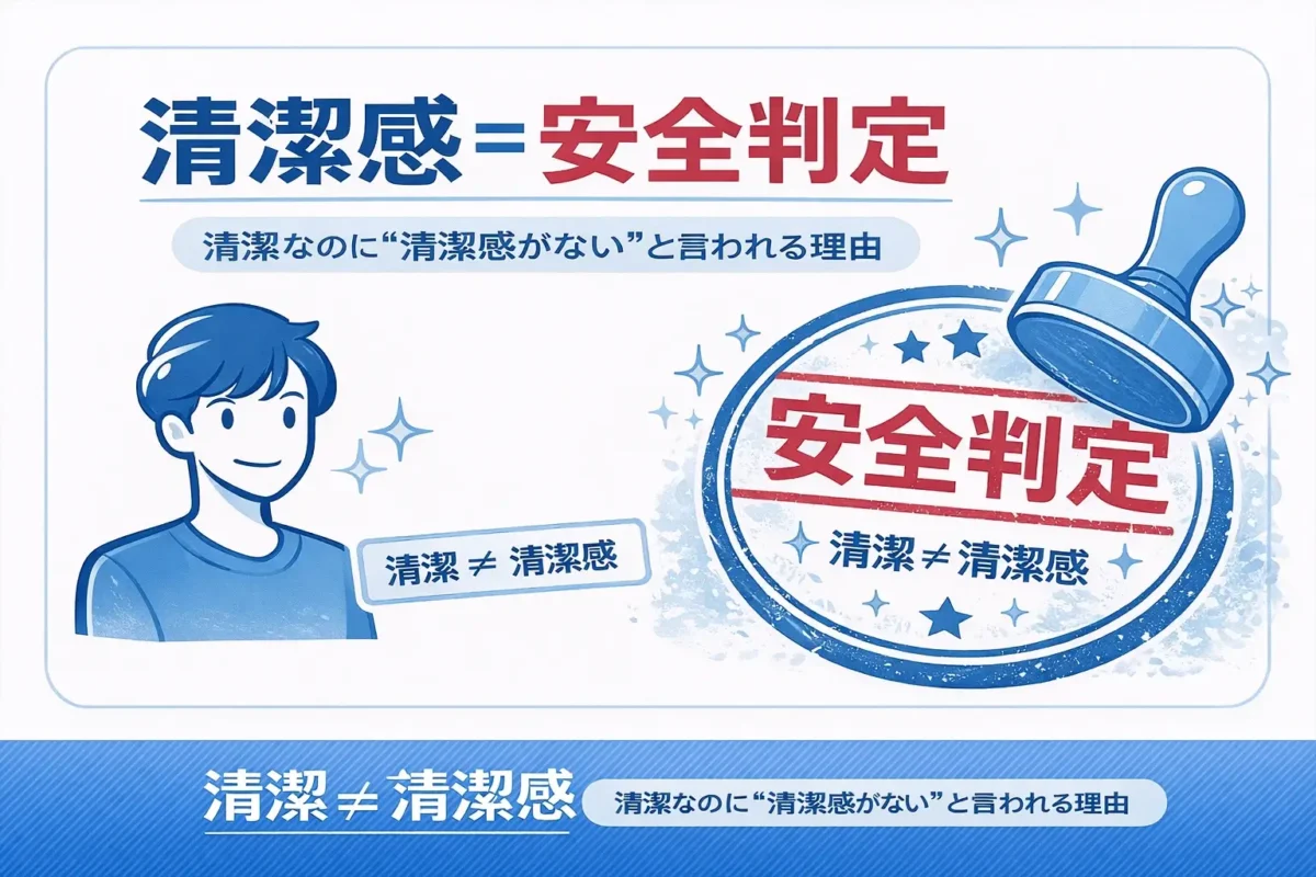「清潔感＝安全判定」という大きな見出しと、右側に“安全判定”のスタンプ印。左に男性のイラストと「清潔≠清潔感」のラベルがある図。