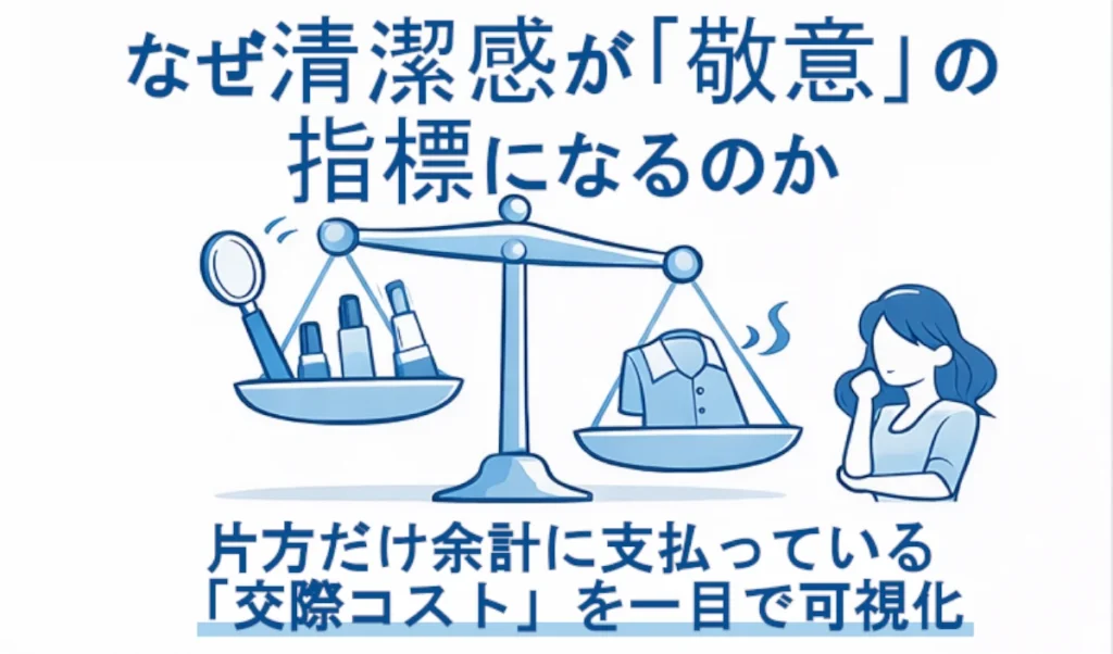 化粧品や鏡などの準備アイコンが載った皿と、衣類が載った皿の天秤図。女性の人物イラストが添えられ、「文脈コストを一目で可視化」と書かれている。