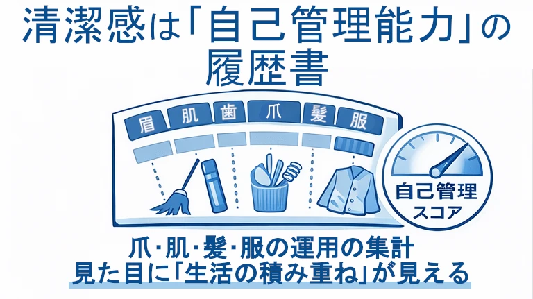 「眉・肌・髪・爪・服」などの項目が並ぶメーターと「自己管理スコア」の表示。右側にチェックリスト風のボードがあり、「生活の積み重ねが見える」と書かれている。