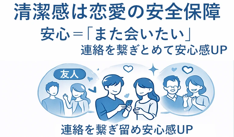 中央に「安心=また会いたい」という見出しと、人物たちの交流イラスト。友人の吹き出しやハートのアイコンがあり、「連絡を繋ぎとめ安心感UP」と書かれている。