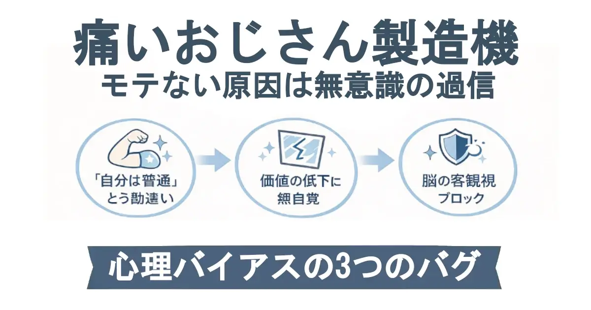 「痛いおじさん製造機／モテない原因は無意識の過信」という見出し。中央に丸アイコン3つが矢印でつながり、「『自分は普通』という勘違い」→「価値の低下に無自覚」→「脳の客観視ブロック」。下部の濃紺帯に「心理バイアスの3つのバグ」。
