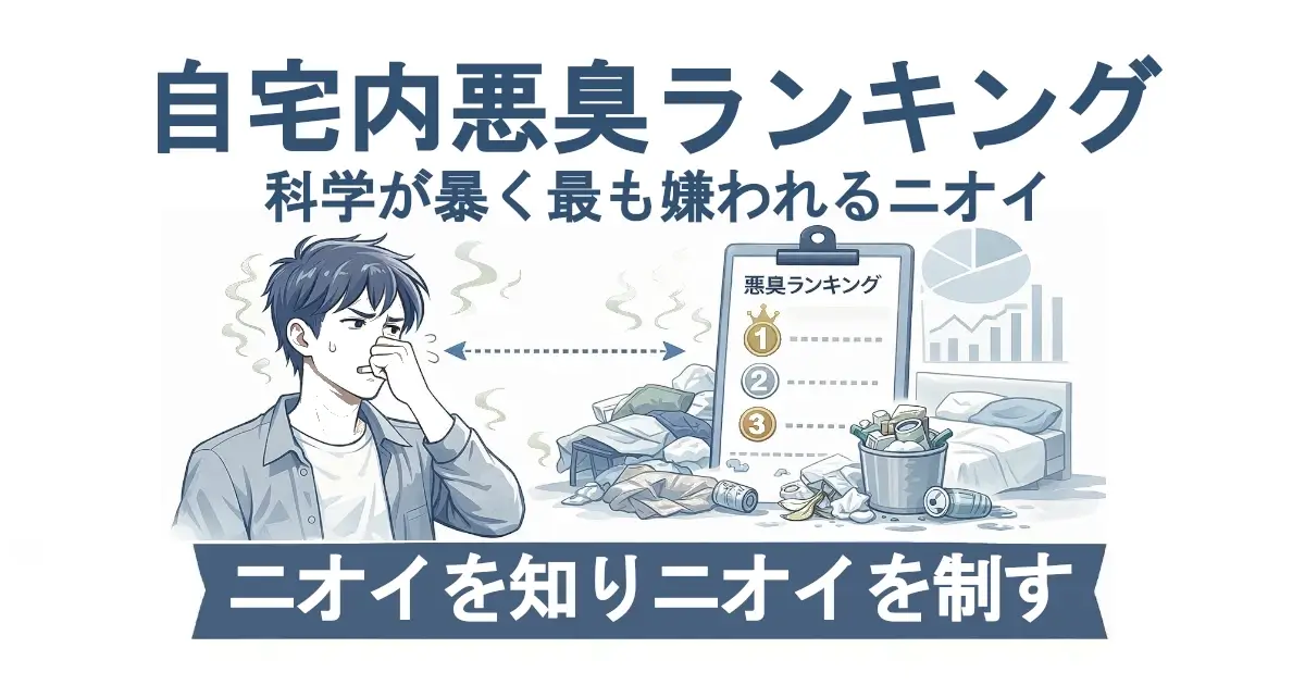 「自宅内悪臭ランキング／科学が暴く最も嫌われるニオイ」の見出し。鼻をつまむ男性と、散らかった部屋・ゴミ箱・空き缶・衣類の山。中央に「悪臭ランキング」と書かれたボード（1〜3位表示）と、右奥に円グラフと棒グラフ。下部帯に「ニオイを知りニオイを制す」。