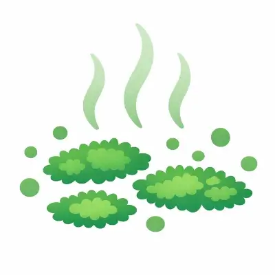 白背景に、緑色のカビの塊が3つと周囲の胞子の点、上に立ちのぼる臭気を示す波線が描かれている。