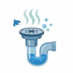 白背景に、排水口の金属グレートとU字の排水管が描かれ、上に臭気を示す波線が立ちのぼっている。近くに小さなハエのシルエットもある。