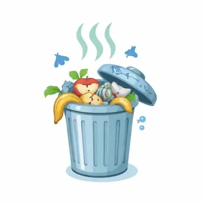 白背景に、フタがずれた青いゴミ箱から生ゴミ（バナナの皮、リンゴの芯、野菜くずなど）がはみ出し、上に臭気を示す波線と周囲に小さなハエが描かれている。