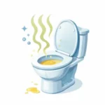 白背景に、フタが開いた青いトイレが描かれ、便器の中と床に黄色い液体があり、上に臭気を示す黄緑の波線が立ちのぼっている。