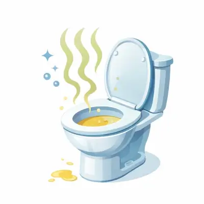 白背景に、フタが開いた青いトイレが描かれ、便器の中と床に黄色い液体があり、上に臭気を示す黄緑の波線が立ちのぼっている。