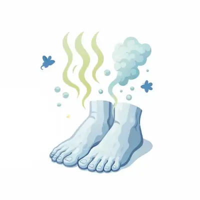 白背景に、青い足（両足）が置かれ、上に黄緑の臭気の波線と淡い煙状のにおい表現、周囲に小さな虫のシルエットが描かれている。