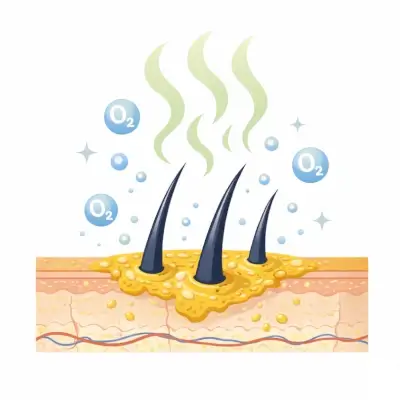 皮膚の断面図の上に毛が3本立ち、表面に黄色い皮脂のかたまりが付着している。周囲に「O₂」と書かれた泡と、上に立ちのぼる臭気の波線が描かれている。