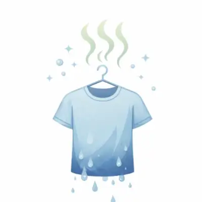 白背景に、ハンガーに掛かった淡い青のTシャツが描かれ、裾から水滴が落ちている。上には臭気を示す波線が立ちのぼっている。
