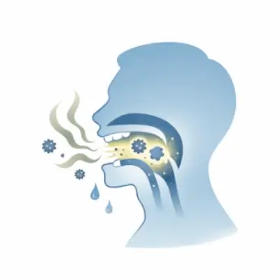 白背景に、横顔の頭部シルエットが口を開けており、口から黄緑がかった息の波線と粒状のにおい成分が外へ出ている。